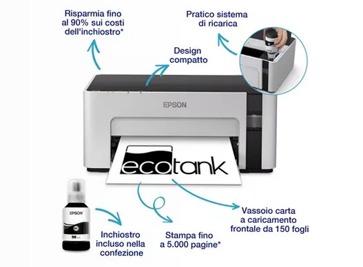 Stampante con serbatoio di inchiostro Wi-Fi A4 monocromatica EcoTank ET-M1120 150fogli 32ppm