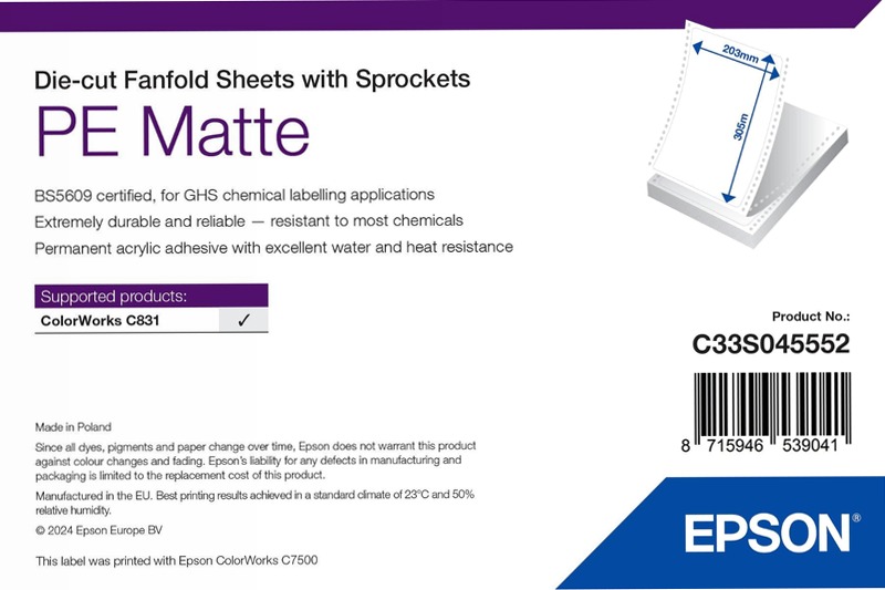 PE Matte Label - Die-cut Fanfold sheets with sprockets: 203mm x 305mm, 500 labels