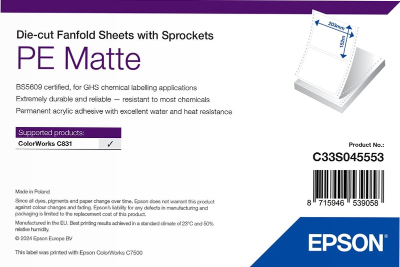 PE Matte Label - Die-cut Fanfold sheets with sprockets: 203mm x 152mm, 1000 labels