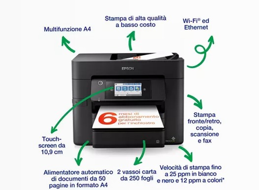 Stampante inkjet wireless multifunzione A4 WorkForce Pro WF-4830DTWF 500fogli 36ppm