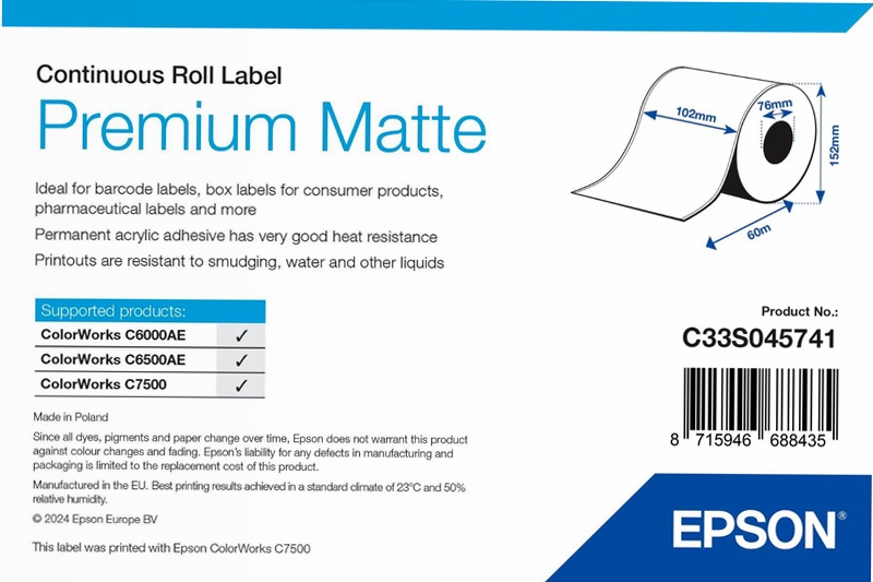 Premium Matte Label - Continuous Roll: 102mm x 60m