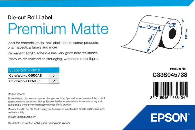 Premium Matte Label - Die Cut Roll: 210mm x 297mm, 200 labels