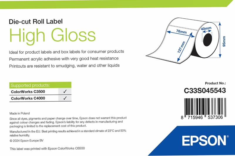 High Gloss Label - Die-cut Roll: 76mm x 127mm, 250 labels