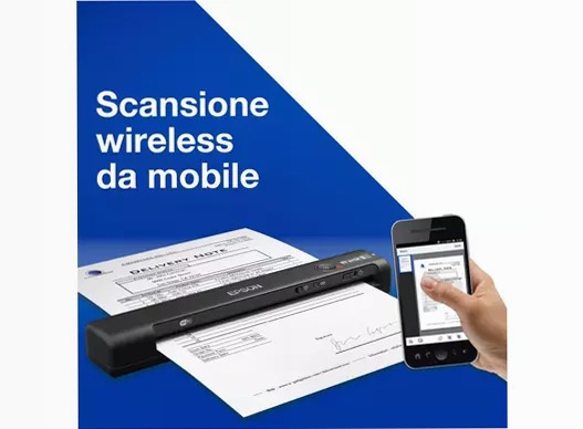 Scanner portatile wireless rapido WorkForce ES-60W A4 con connettività Wi-Fi, tecnologia Epson ScanSmart e pannello LCD.