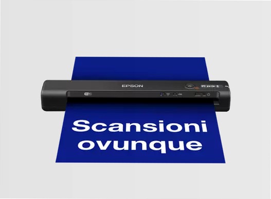 Scanner portatile wireless rapido WorkForce ES-60W A4 con connettività Wi-Fi, tecnologia Epson ScanSmart e pannello LCD.