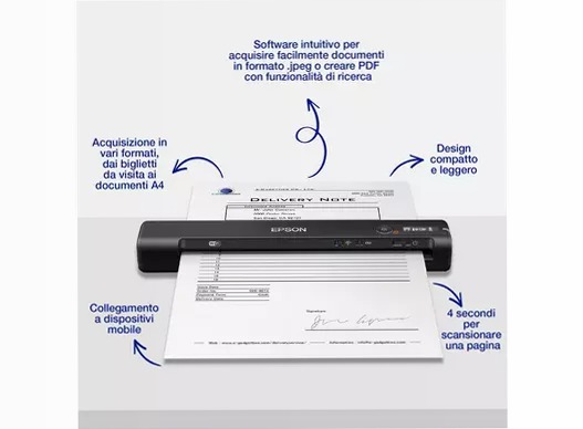 Scanner portatile wireless rapido WorkForce ES-60W A4 con connettività Wi-Fi, tecnologia Epson ScanSmart e pannello LCD.