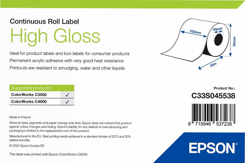 High Gloss Label - Continuous Roll: 102mm x 33m