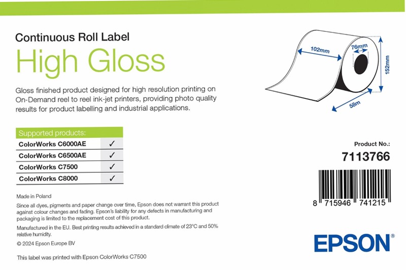 High Gloss Label, Continuous Roll, 102mm x 60m