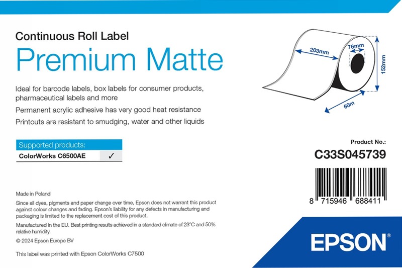Premium Matte Label - Continuous Roll: 203mm x 60m