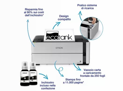 Stampante con serbatoio di inchiostro Wi-Fi A4 monocromatica EcoTank ET-M1170 250fogli 39ppm