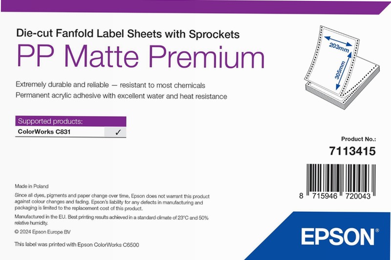 PP Matte Label Premium, Die-cut Fanfold Sheets with Sprockets, 203mm x 305mm, 500 Labels
