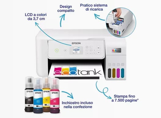 EcoTank ET-2876 stampante multifunzione A4 Wi-Fi con serbatoi di inchiostro, fino a 3 anni di inchiostro inclusi 100fogli 33ppm