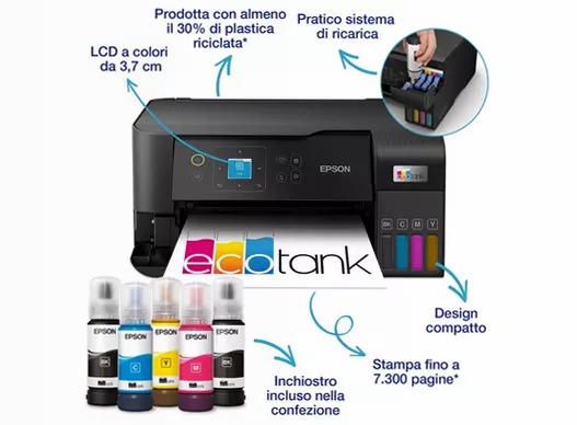 EcoTank ET-2840 stampante multifunzione A4 Wi-Fi con serbatoi di inchiostro, fino a 3 anni di inchiostro inclusi 100fogli 33ppm