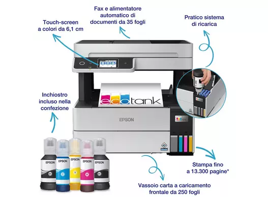 Stampante multifunzione A4 Wi-Fi con serbatoi di inchiostro e fax EcoTank ET-5170 250fogli 23ppm