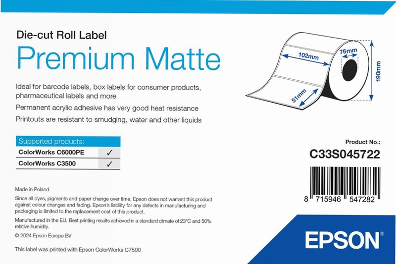 Premium Matte Label - Die-cut Roll: 102mm x 51mm, 2310 labels