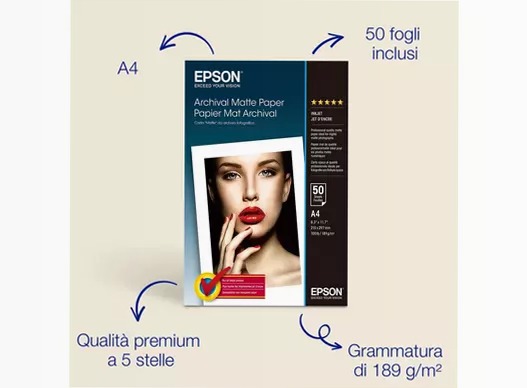 Carta fotografica opaca da archivio fotografico Epson A4 189 g/m2, 50 fogli
