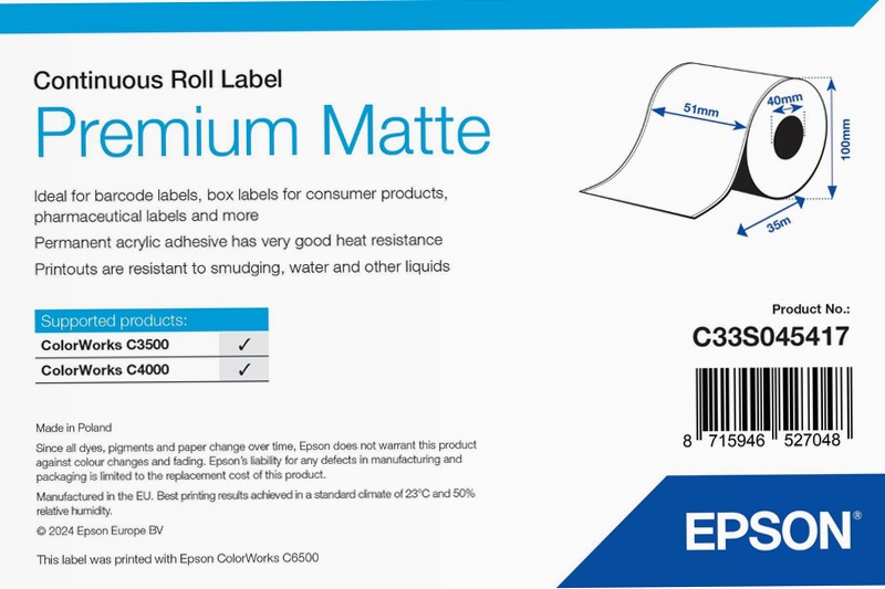 Premium Matte Label - Continuous Roll: 51mm x 35m