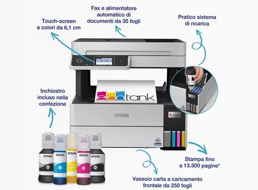EcoTank Pro ET-5185 Stampante multifunzione A4 Wi-Fi con serbatoi di inchiostro e fax 250fogli 23ppm