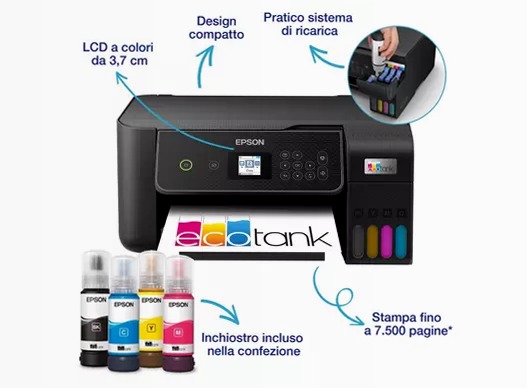 EcoTank ET-2870 stampante multifunzione A4 Wi-Fi con serbatoi di inchiostro, fino a 3 anni di inchiostro inclusi 100fogli 33ppm