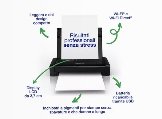 Stampante inkjet portatile monofunzione A4WorkForce WF-110W 14ppm