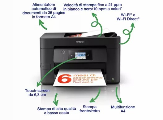 Multifunzione inkjet wireless A4 WorkForce Pro WF-3820DWF 250fogli 35ppm