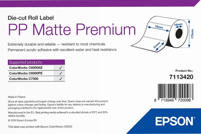 PP Matte Label Premium, Die-cut Roll, 76mm x 51mm, 2310 Labels