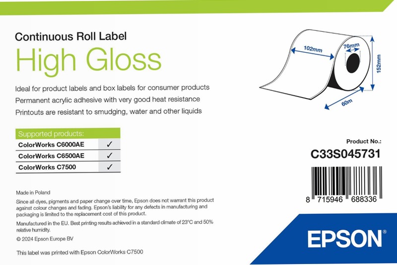 High Gloss Label - Continuous Roll: 102mm x 58m