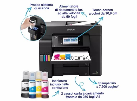 Stampante multifunzione A4 Wi-Fi con serbatoi di inchiostro e fax EcoTank ET-5800 550fogli 32ppm