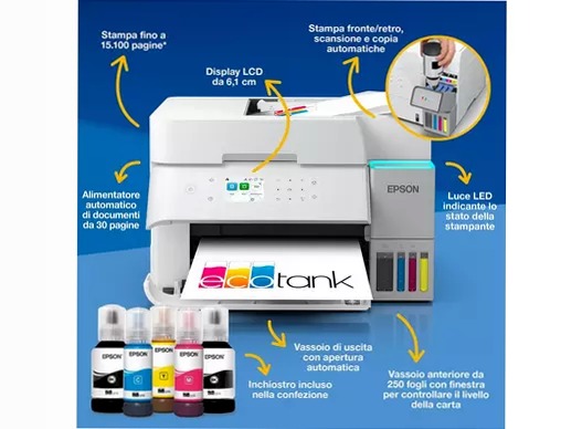 EcoTank ET-3956 Stampante multifunzione bianca A4 Wi-Fi con serbatoi di inchiostro, fino a 3 anni di inchiostro inclusi 250fogli 35ppm