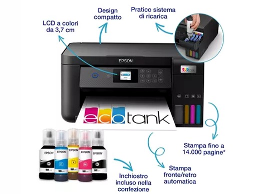 EcoTank ET-2851 stampante multifunzione A4 Wi-Fi con serbatoi di inchiostro, fino a 3 anni di inchiostro inclusi 100fogli 33ppm