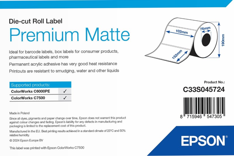 Premium Matte Label - Die-cut Roll: 102mm x 152mm, 800 labels
