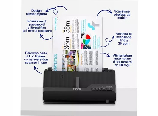 Lettore di documenti compatto ES-C320W A4 con connettività Wi-Fi e percorso carta a U