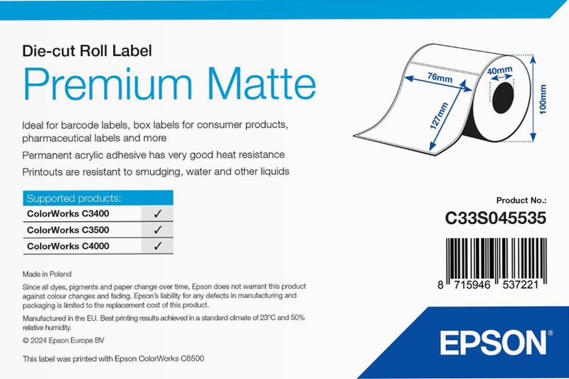 Premium Matte Label - Die-cut Roll: 76mm x 127mm, 265 labels